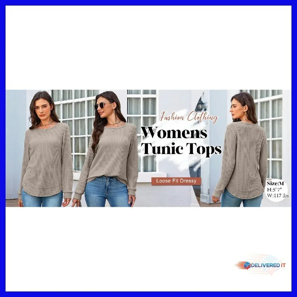 Waffle Knit Tunic Top Long Sleeve Crewneck Curved Hem Loose Fit